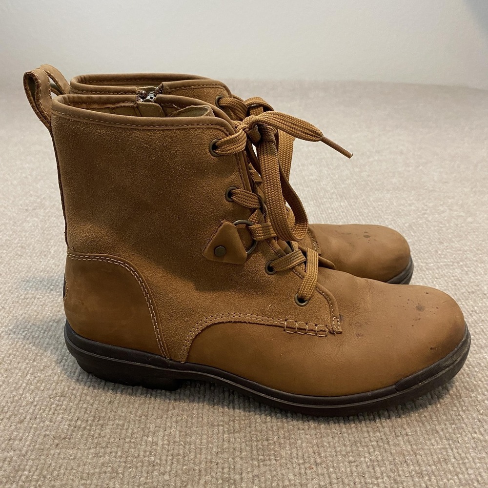 UGG Boots Womens Size 10 Brown Leather Fleece Lined Ankle Combat Zip Lace‎ Up